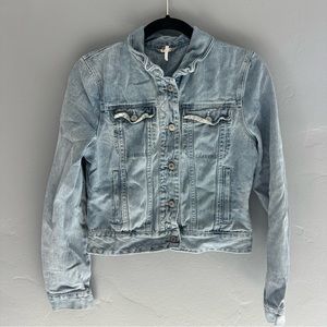 Free People Green Paisley Light Blue Denim Jacket Size Small Cropped Jean Jacket